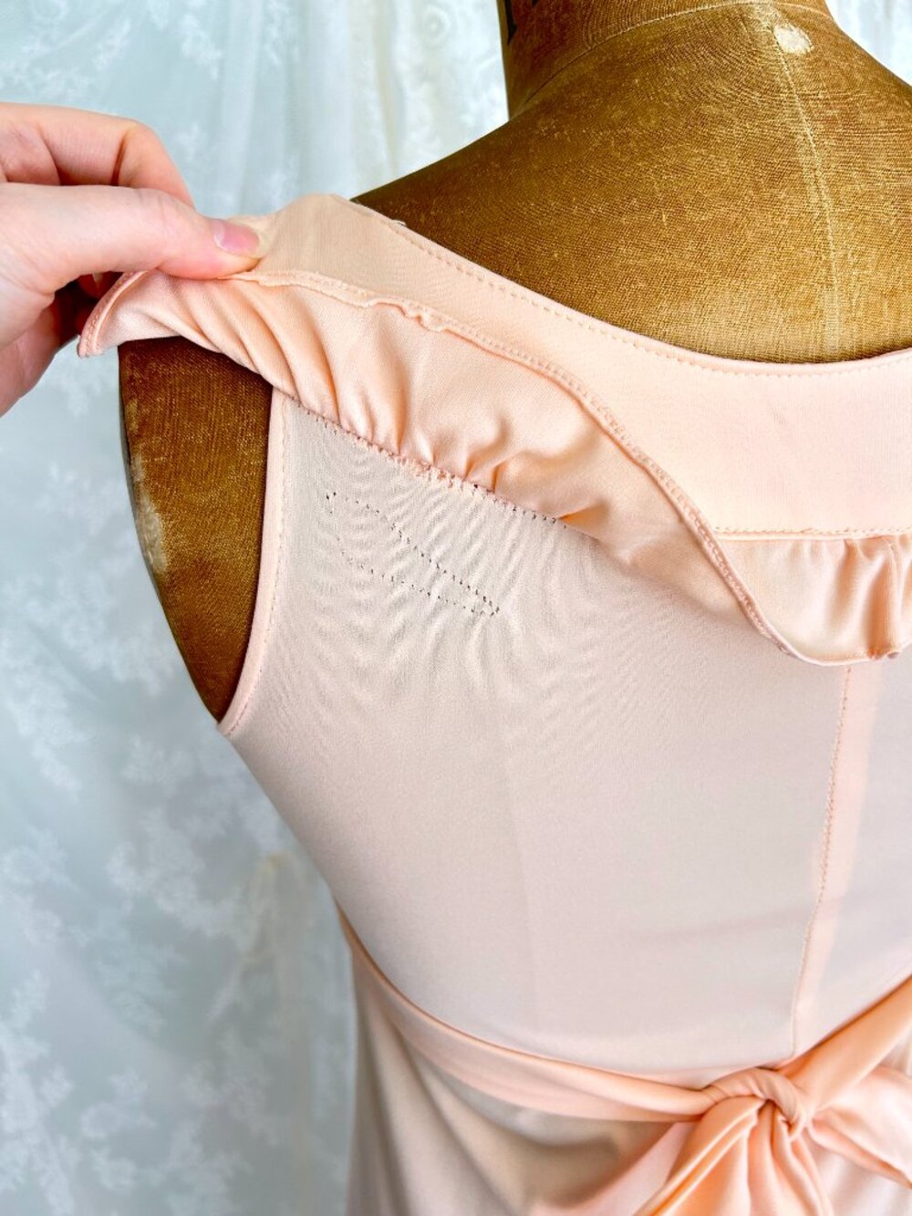 Vintage Peach Maxi Dress, Ruffle Neck Empire Waist, Romantic Bridesmaid Gown - Picture 8 of 9